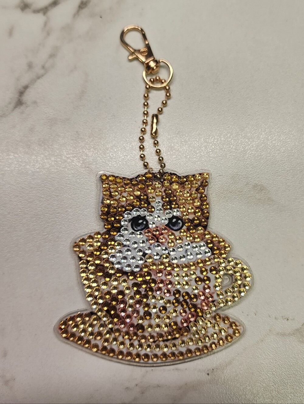 Sparkling Cat in Teacup Keychain - Gold and White Rhinestone